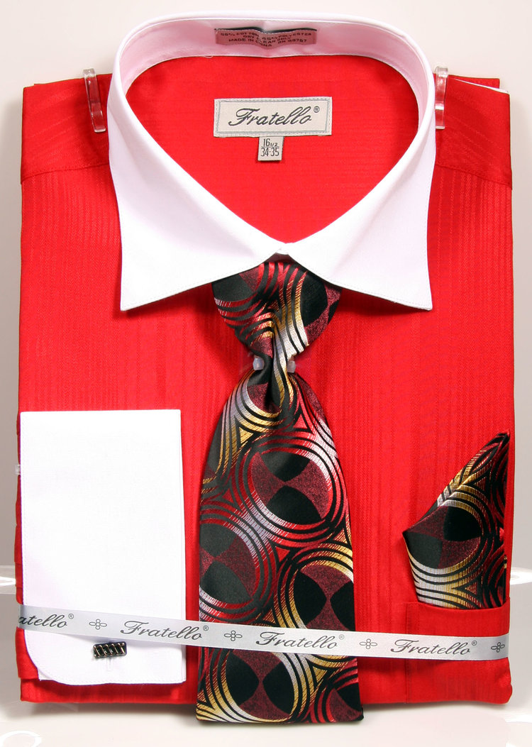 Fratello Red / White Self Stripe Dress Shirt / Tie / Hanky / Cufflink Set FRV4140P2